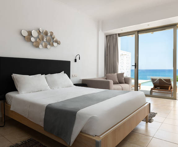 Paralos Rodos Lifestyle Hotel room double bed and terrace view