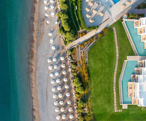 Paralos Rodos Lifestyle Hotel top-down view of the hotel and the beach