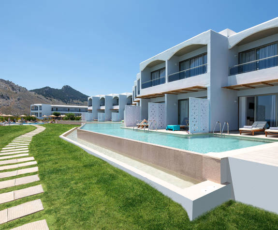 Paralos Rodos Lifestyle Hotel room's terrace with shared pool and garden path